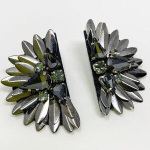 Hematite Black Beaded Crystal Geometric Semicircle Fan Earrings